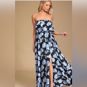 Lulu’s Floral blue & black maxi strapless dress